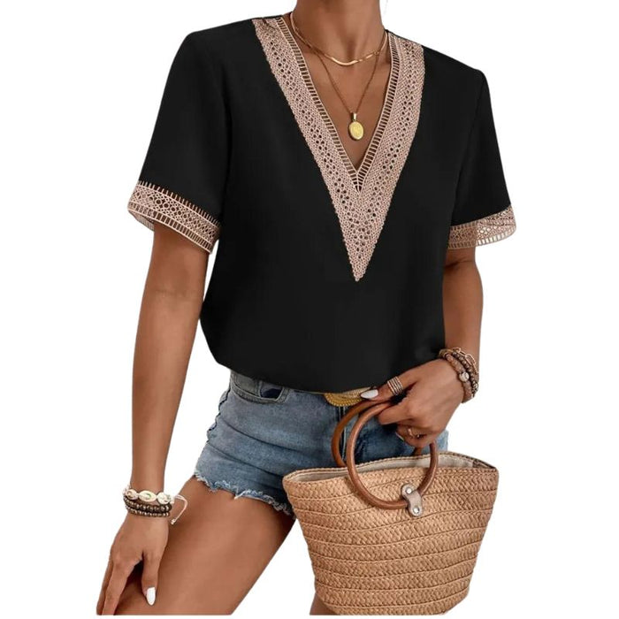 LILIAN | Zomer Kanten V-Hals Korte Mouw T-shirt | Losse Casual Blouse voor Vrouwen