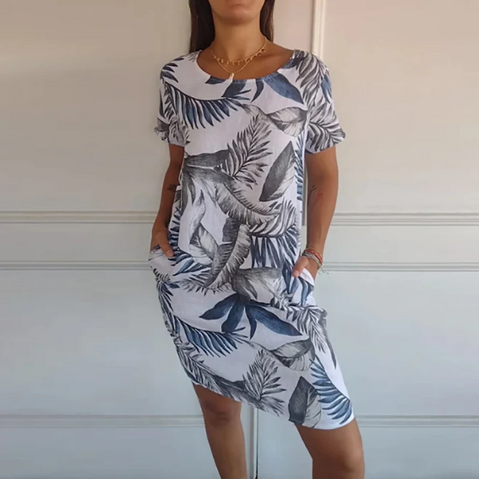 MUSTIQUE | Katoenen en Linnen Jurk met Ronde Hals en Print | Trendy Zomerjurk