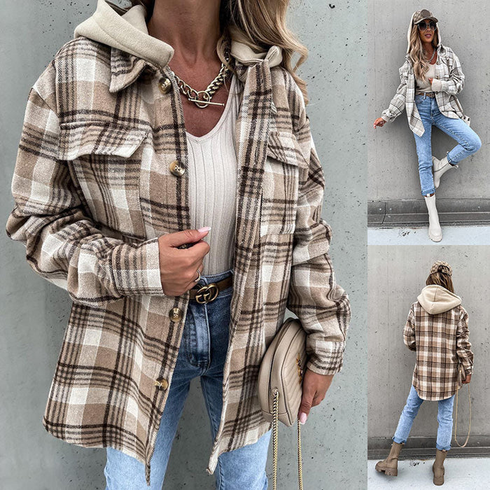 EMMA | Chic Plaid Wool Blend Dames Winterjas | Stijlvolle Geruite Jas met Afneembare Capuchon