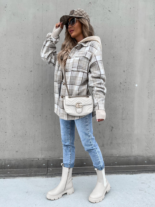 EMMA | Chic Plaid Wool Blend Dames Winterjas | Stijlvolle Geruite Jas met Afneembare Capuchon