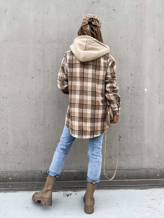 EMMA | Chic Plaid Wool Blend Dames Winterjas | Stijlvolle Geruite Jas met Afneembare Capuchon