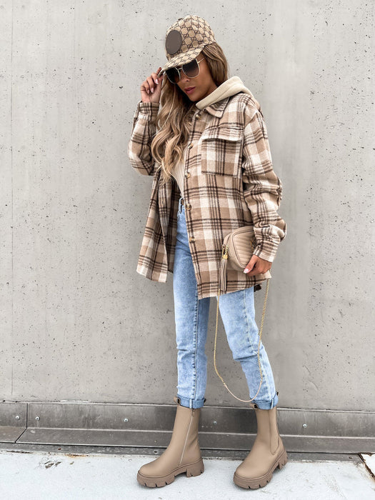 EMMA | Chic Plaid Wool Blend Dames Winterjas | Stijlvolle Geruite Jas met Afneembare Capuchon